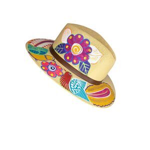 Hand Painted Artisanal Sun Hat Made in Mexico Black Line Brand Sz M Artsy Bright